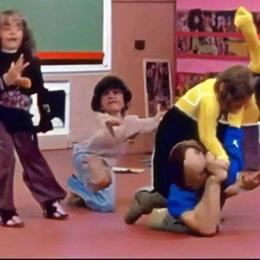 Prompt: randy savage showing wrestling moves to a class of little kids, still from news broadcast