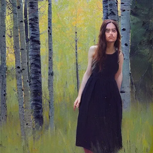 Image similar to “ woman with long hair, summer dress, standing between aspen trees in an aspen forest, style of jeremy lipking, joseph todorovitch ”