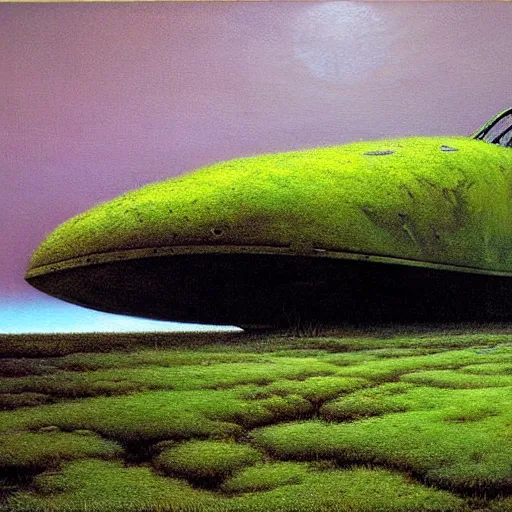 Prompt: hyper realistic painting of an abandoned MCRN Corvette-class frigate covered with moss, an Australian summer landscape, by Zdzislaw Beksinski