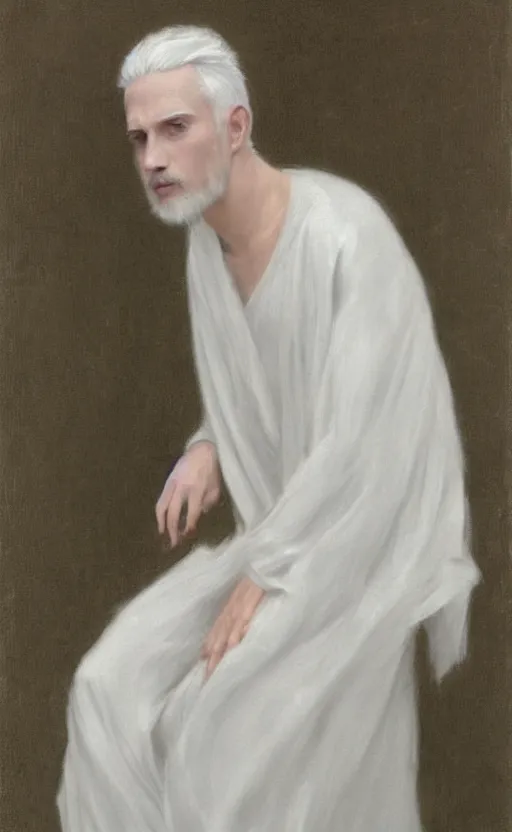 Image similar to say who is this with silver hair so pale and wan! and thin? flowing hair covering front of body, white robe, white dress!! of silver hair, covered!!, clothed!! lucien levy - dhurmer, fernand keller, fernand khnopff, oil on canvas, 1 8 9 6, 4 k resolution, aesthetic, mystery