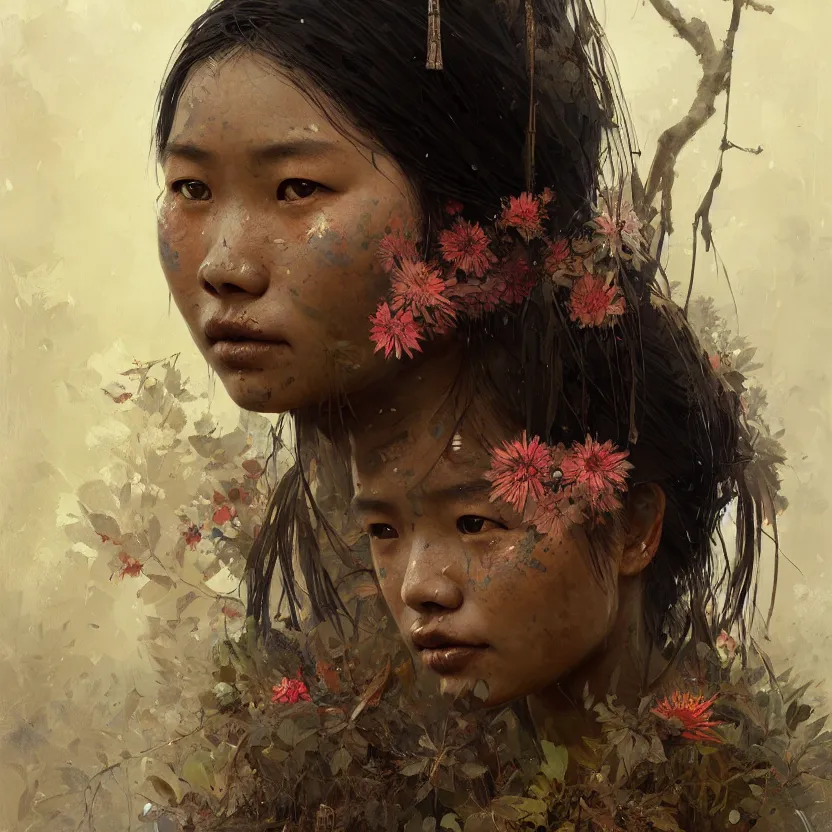 Image similar to detailed portrait of a tribal woman with asian eyes and thick lip forest girl, flowers and trees, by ismail inceoglu dragan bibin hans thoma greg rutkowski alexandros pyromallis nekro rene maritte illustrated, perfect face, fine details, realistic shaded, fine - face, pretty face