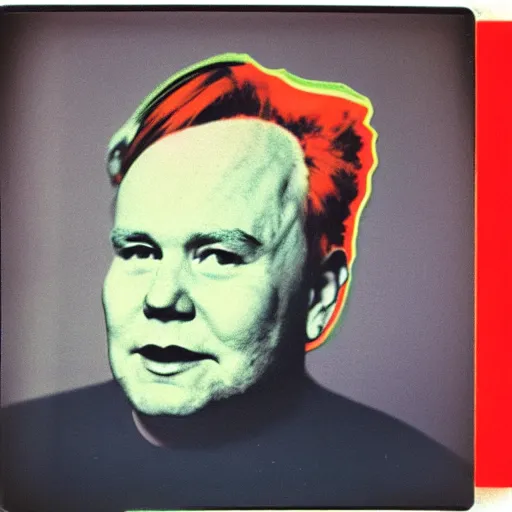 Image similar to color polaroid portrait of a fat man as taken by andy warhol. photography, instant photography, color accurate, photographer, film, integral print, studio