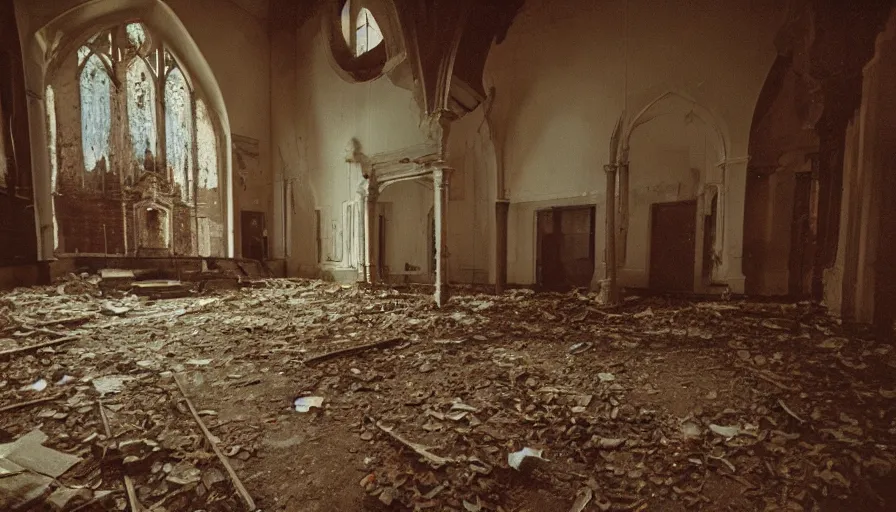 Image similar to 7 0 s film still from a horror movie about a person living in an abandoned church, kodachrome, cinecolor, cinestill, film grain, film texture, retro, cinematic, high resolution, photorealism,