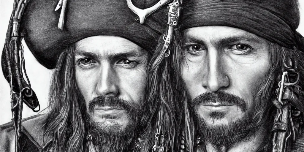 Image similar to realistic portrait of a handsome pirate, 1450, ink, ultra realistic, 8k