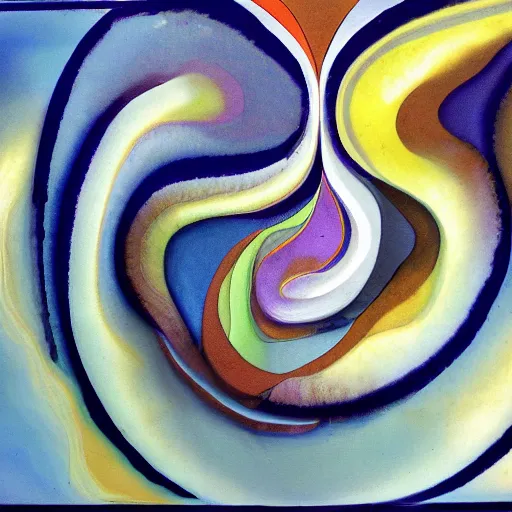 Prompt: woman brings the ancient spirals and stories to her community, abstract art in the style of aborginal painting and Georgia o keefe,