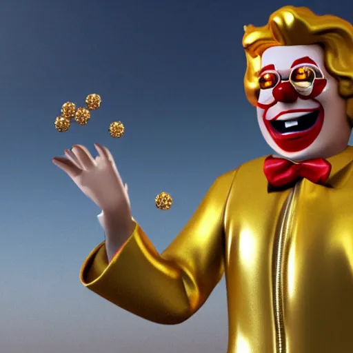 Image similar to A still of Ronald McDonald surrounded by gold and diamonds, Award-winning, photograph, 3d render, unreal engine, 4k detailed