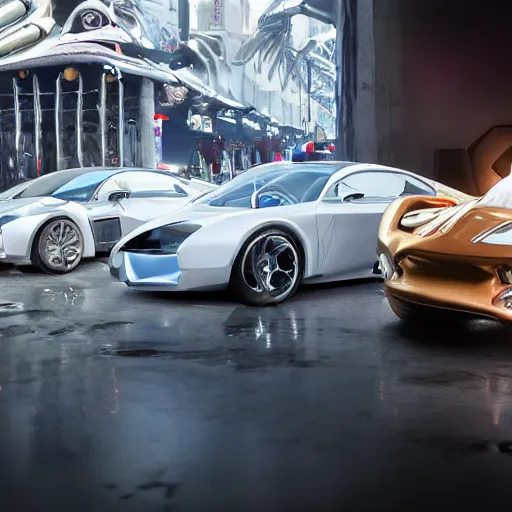 Image similar to car show several cars: motherboard forms designed by zaha hadid, sci-fi futuristic ultra realistic photography, keyshot render, octane render, unreal engine 5 lumen, high oiled liquid glossy specularity reflections, ultra detailed, golden hour, dramatic lighting 4k, 8k, 16k in the style ofblade runner 2049 Cyberpunk 2077 ghost in the shell thor 2 marvel film : tilt shift: sharp focus