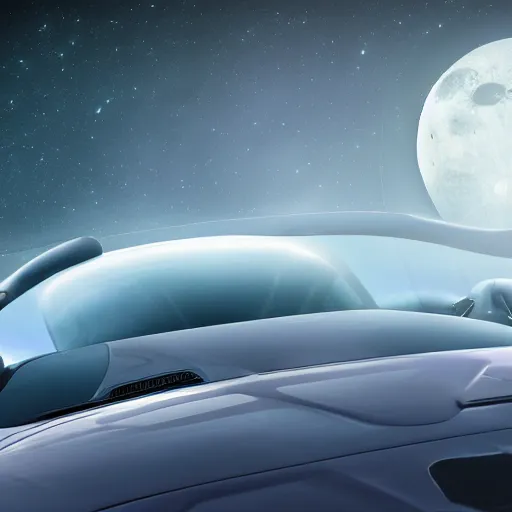 Image similar to A Mazda 3 hatchback as an alien spaceship flying over the Moon, 4K, High Detail,