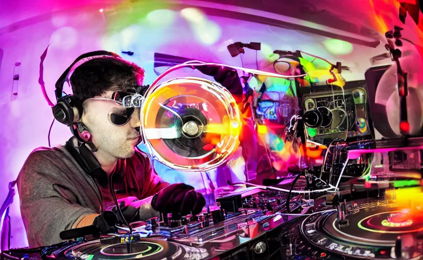 Image similar to a person wearing goggles and visor and headphones using a retro clockwork record player contraption, wires and tubes, turntablism dj scratching, intricate planetary gears, cinematic, imax, sharp focus, leds, bokeh, iridescent, black light, fog machine, hazy, lasers, hyper color digital art