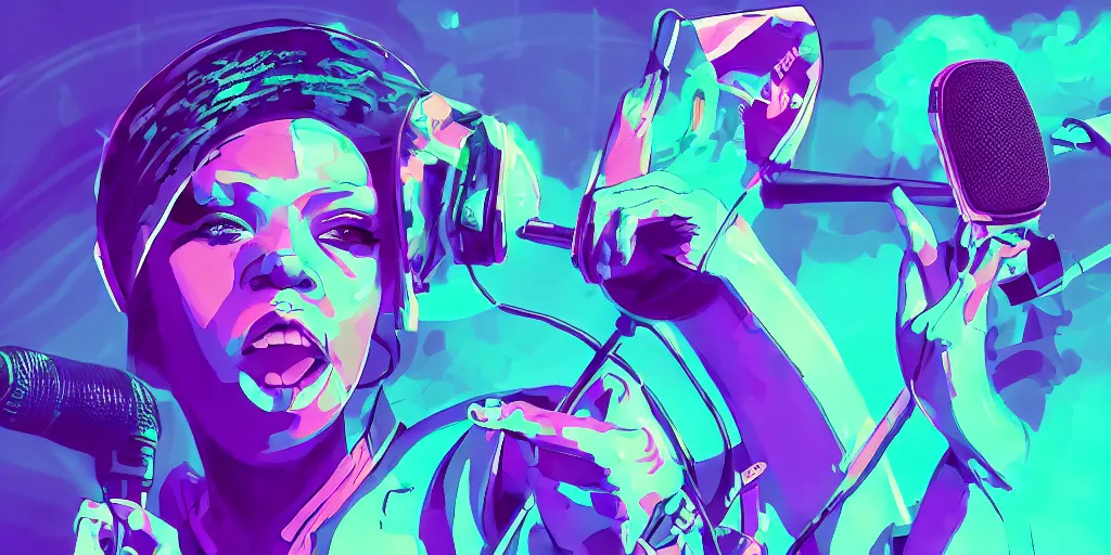 Prompt: lady rapper performs with microphone, epic pose, digital art, vapor wave, hip hop, psychedelic, surreal, trending on Artstation, professional artist, detailed, 4k