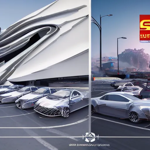 Image similar to sci-fi cars 30% of canvas in center and wall near structure on the coronation of napoleon painting and digital billboard in the middle and everything in style of zaha hadid and suprematism forms unreal engine 5 keyshot octane artstation trending ultra high detail ultra photo realistic 8k 16k in plastic dark tilt shift