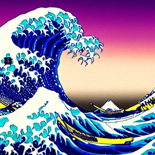 Image similar to cyberpunk great wave off kanagawa, matte, shiny waves, refractions, soft light, neon, studio ghibli