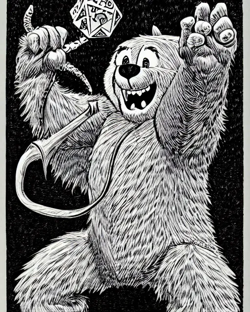 Image similar to a care bear as a d & d monster, pen - and - ink illustration, etching, by russ nicholson, david a trampier, larry elmore, 1 9 8 1, hq scan, intricate details, high contrast