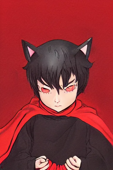 Image similar to little boy with cat ears in an black outfit with red cape. digital artwork made by lois van baarle and kentaro miura and marc simonetti and sakimichan, sharpness focus, inspired by hirohiko araki, anatomically correct, heroic composition, hero pose, smooth