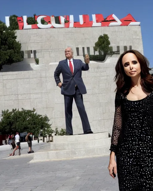 Image similar to Actress Eliza Dushku gets her picture taken in front of the waving George w. Bush statue in Fushë Kruje's main square during a trip to Albania, photographed in the style of National Geographic