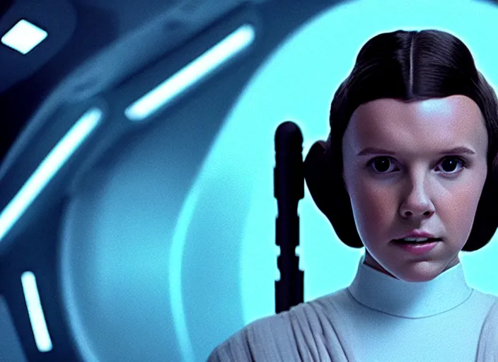 Image similar to film still of!!!! millie bobby brown!!! as princess leia in star wars movie, hair pulled back, closeup portrait, wearing long white robe, deep focus, exploring interior of a spaceship, glamour pose, dramatic lighting, octane, mist, volumetric lighting, 8 k