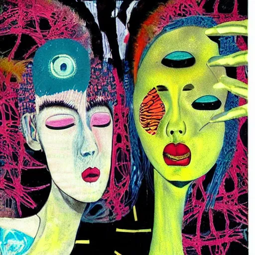 Image similar to beautiful painting of two bizarre psychedelic women kissing each other closeup in tokyo in winter, speculative evolution, mixed media collage by basquiat and junji ito, magazine collage art, paper collage art, sapphic art, lesbian art