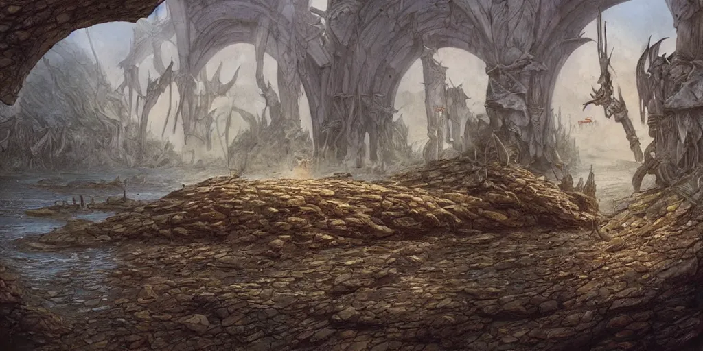 Prompt: art by john howe of the repelling of invaders by making a deal with the devil and finding a secret underwater entrance.