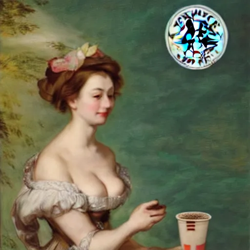 Prompt: heavenly summer sharp land sphere scallop well dressed lady holding a tall starbucks paper coffee cup, auslese, by peter paul rubens and eugene delacroix and karol bak, hyperrealism, digital illustration, fauvist, tall starbucks paper coffee cup, green coffee logo