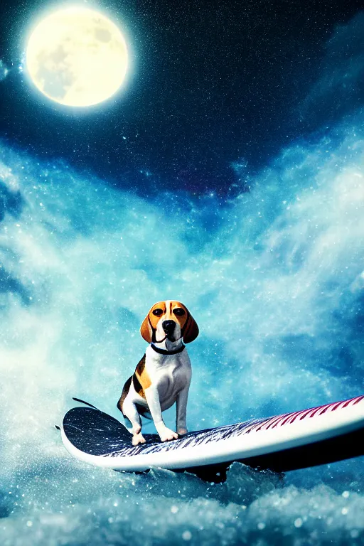 Image similar to beagle dog surfing a surfboard on a sparkly crashing wave of stardust in space, background is a moon in nebula, octane render, unreal engine, wide view, 8 k, highdetaild