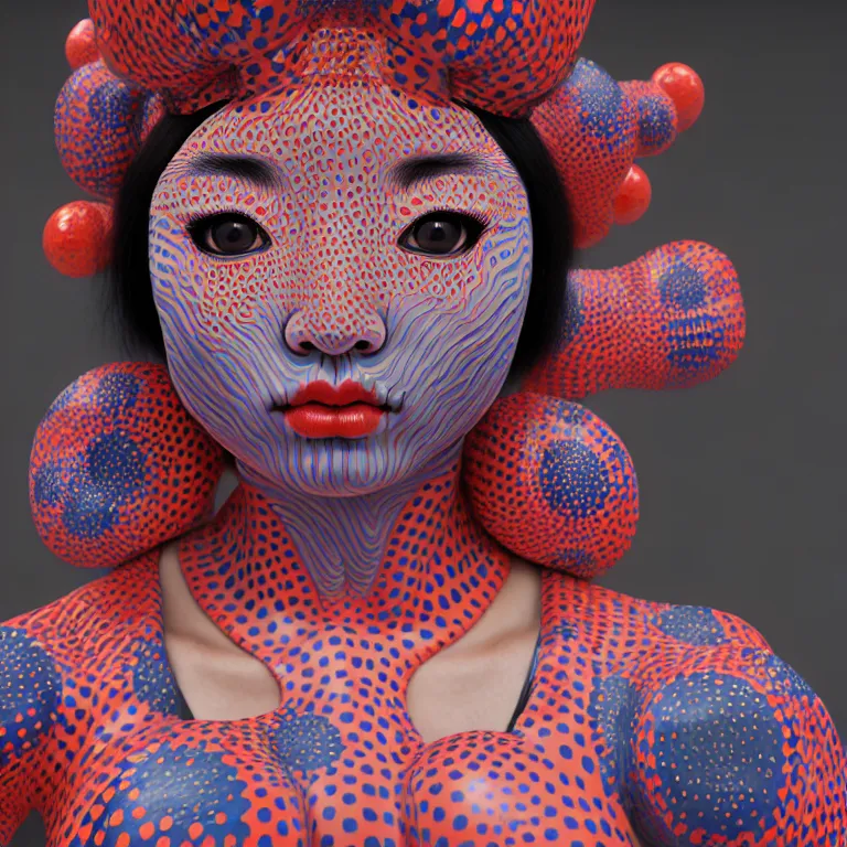 Image similar to hyperrealistic detailed image of a geisha in a art installation room, hd smooth interior by yayoi kusama, part by kei mieno, part by ross tran, dark art by james jean, ultra realistic, highly detailed, life like face, detailed body, 8 k, 3 d render by roger magrini, masterpiece