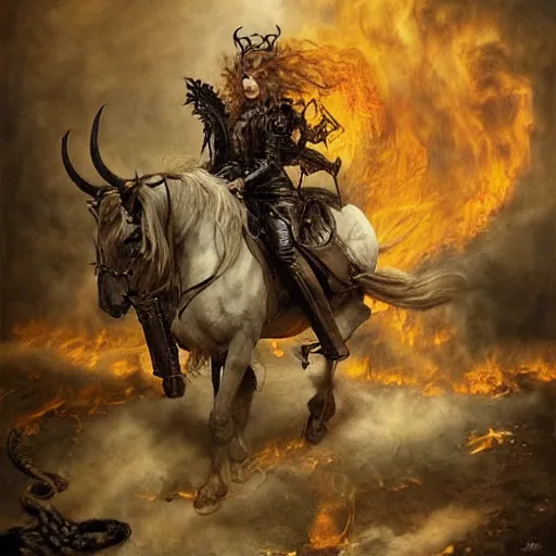 Prompt: a hyperrealistic portrait painting of a beautiful woman with demonic horns wearing steampunk goggles, riding a horse into the fires of hell, by santiago caruso, highly detailed,