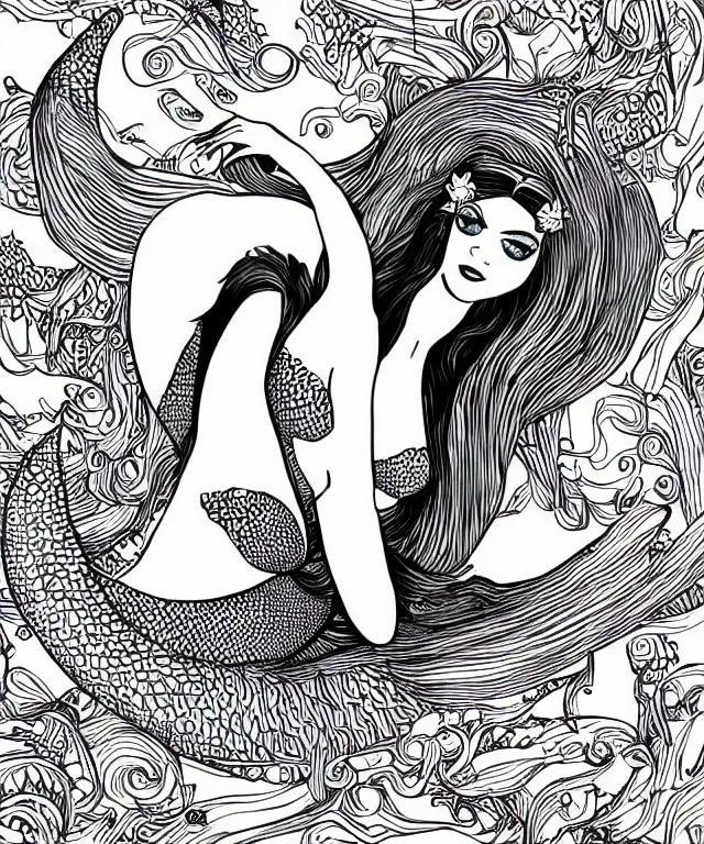 Prompt: black and white illustration, creative design, beautiful mermaid, full body, bikini top fish tail