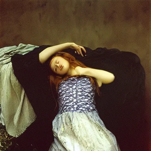 Image similar to “a girl Ophelia by Sir John Everett Millais laying on a dirty mattress covered in filth and garbage in an dark concrete basement room. 35mm film. Cursed image.”