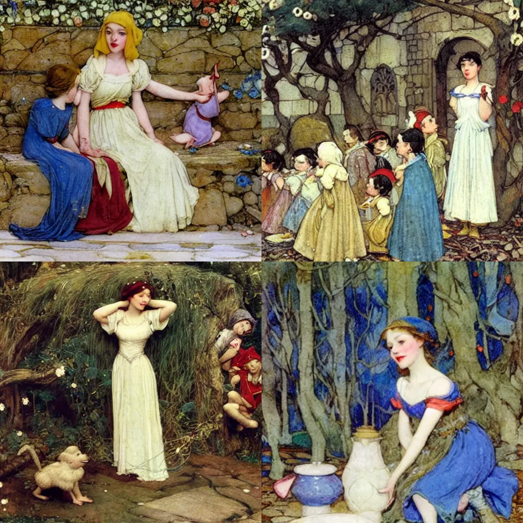 Prompt: Snowwhite and the seven dwarves, fairy tale illustration by William Henry Margetson