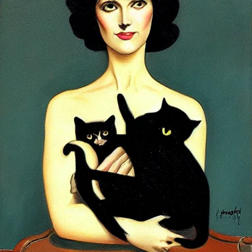 Image similar to a painting of a woman holding a black cat, an art deco painting by georges emile lebacq, featured on deviantart, gothic art, pre - raphaelite, gothic, goth, wiccan, tarot card