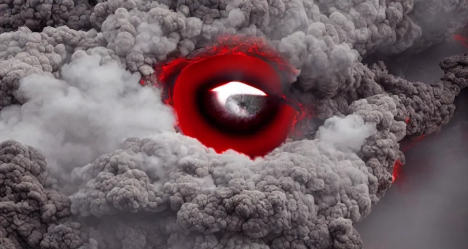 Prompt: a volcano made of ivory vines and crimson rocks enters in eruption, it spits a smoke in the shape of demonic eye, by Jason De Graaf