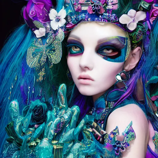 Prompt: Ethereal, mysterious stunning maximalist mesmerizing girl from the rainbow sky paradise, high-tech, professional high fashion model photo shoot for visual kei fashion, hyperdetailed by Mark Ryden and artgerm and Hiroyuki-Mitsume Takahashi, close-up 35mm macro shot, hyperrealism, 8k resolution 3D, cinematic, dynamic lighting, octane render, unreal engine 5