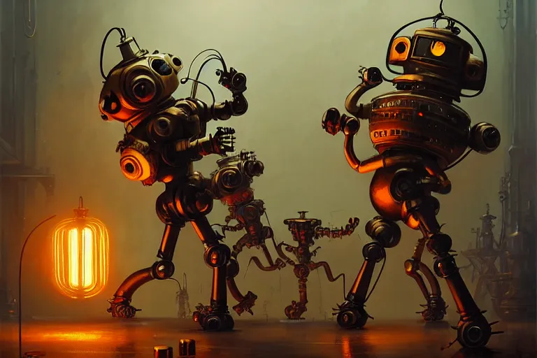 Image similar to steampunk robots dancing by otto dix and greg rutkowski and andreas rocha, cinematic lighting, highly detailed, 4 k