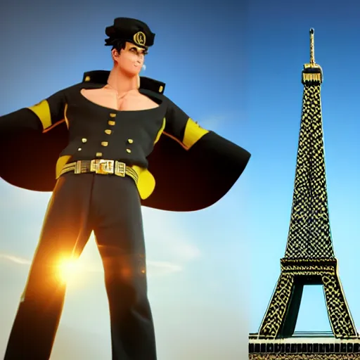 Prompt: a 3 d render of jotaro kujo next to the eiffel tower, hyper - detailed, unreal engine 5, beautiful, the sun is rising, ultra - realistic