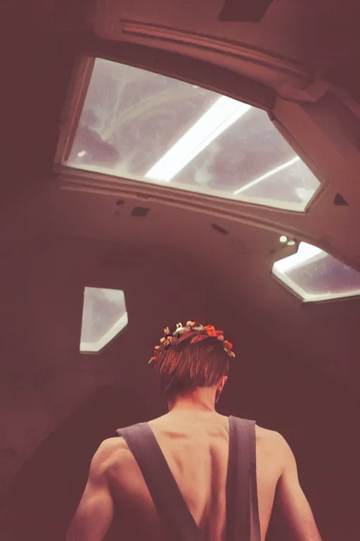 Image similar to agfa vista 4 0 0 photograph of a skinny guy on a spaceship, futuristic, synth vibe, flower crown, back view, moody lighting, moody vibe, telephoto, 9 0 s vibe, blurry background, tranquil, calm, faded!,