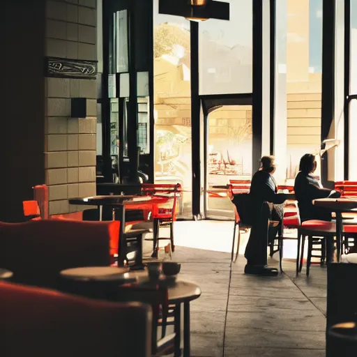 Prompt: cinematic photo of ghosts hanging out inside a starbucks in the late afternoon with red sunlight