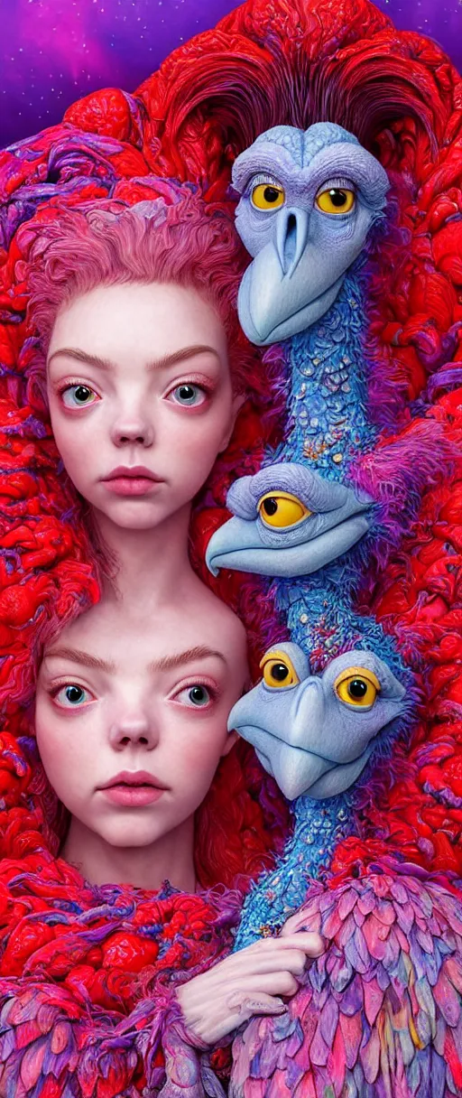 Image similar to hyper detailed 3d render like a Oil painting - kawaii portrait of two Aurora (a beautiful skeksis muppet fae princess protective playful expressive eyes from dark crystal that looks like Anya Taylor-Joy) seen red carpet photoshoot in UVIVF posing in scaly dress to Eat of the Strangling network of yellowcake aerochrome and milky Fruit and His delicate Hands hold of gossamer polyp blossoms bring iridescent fungal flowers whose spores black the foolish stars by Jacek Yerka, Ilya Kuvshinov, Mariusz Lewandowski, Houdini algorithmic generative render, Abstract brush strokes, Masterpiece, Edward Hopper and James Gilleard, Zdzislaw Beksinski, Mark Ryden, Wolfgang Lettl, hints of Yayoi Kasuma and Dr. Seuss, octane render, 8k