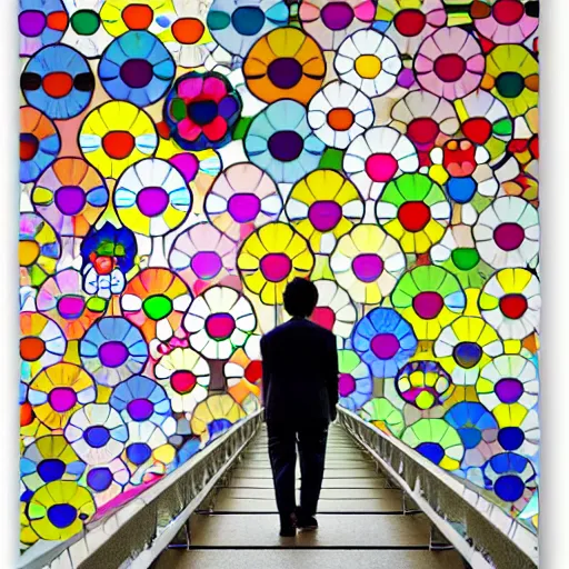 Image similar to man walking across bridge, bright colors, Takashi Murakami, Minimalist,