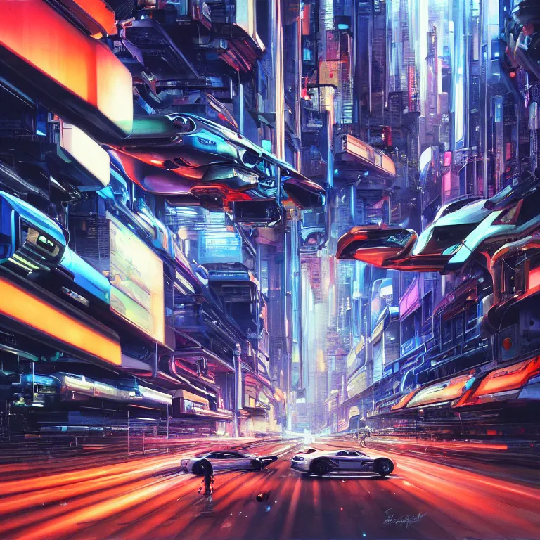 Prompt: hyperrealistic painting of a slice of life from a futuristic city, mechanical designs, hovering constructs, sleek, futuristic vehicles, vivid color, rushing cars, technological, cinematic, cyberpunk style, highly detailed, realism, acrylic on canvas, 8 k resolution, concept art, by noriyoshi ohrai, george luks, james gurney