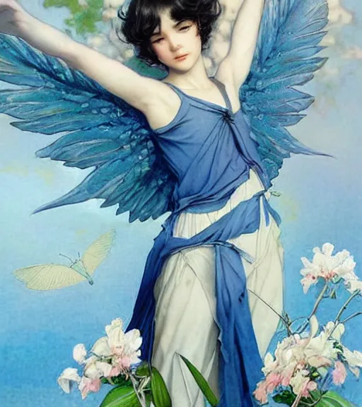 Prompt: harmony of winged angel black haired yoongi wearing baby blue greek clothes, muted colors, colorful flowers, tropical, sunlight filtering through skin, dynamic hair movement, dynamic pose, glowing butterflies, j. c leyendecker, by alan lee, wlop! illustrated by starember, fantasy art by craig mullins