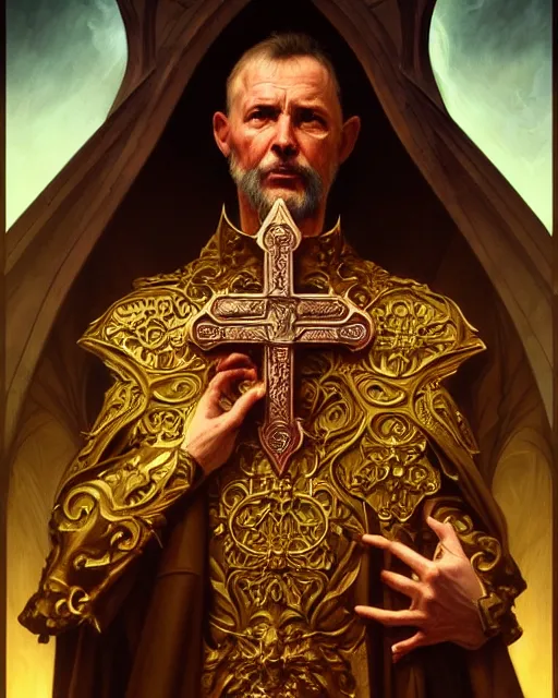 Image similar to realistic portrait of a nasty bishop, cross, evil, heroic pose, beautiful face, bible, full body, dramatic lighting, intricate, wild, highly detailed, digital painting, artstation, concept art, smooth, sharp focus, illustration, art by artgerm and greg rutkowski and alphonse mucha, footage from space camera