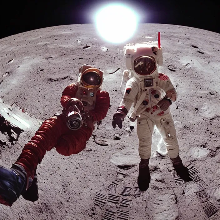 Image similar to robert downey jr eating a hot dog on the moon, dynamic lighting, gopro selfie with a fisheye lens