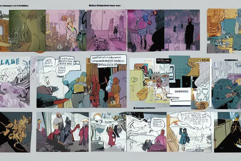 Prompt: a complete spread of a diy graphic novel template, placeholder panels, empty comic, color book, drawing, concept, full spread, complete pages