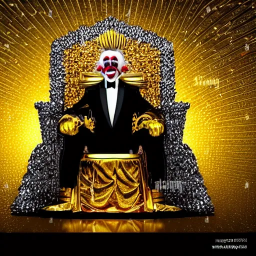 Image similar to shining giant throne made of millions of diamonds, gold and zaphires with thousands of light reflections, and a clown on a tuxedo suit is sitting on the throne while handing a golden balloon, dramatic light