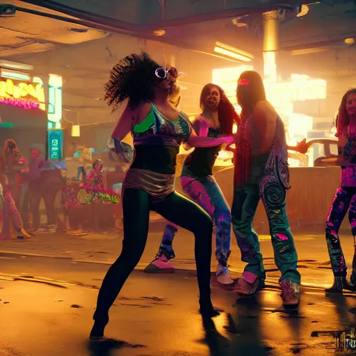 Image similar to Dancing hippies Cyberpunk 2077. CP2077. 3840 x 2160