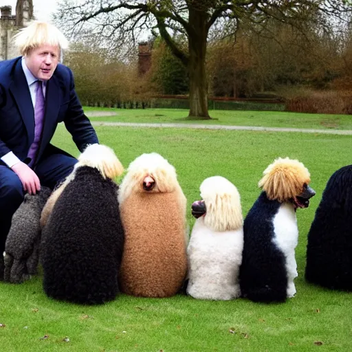 Image similar to Boris Johnson sitting with a group of poodles at a park.