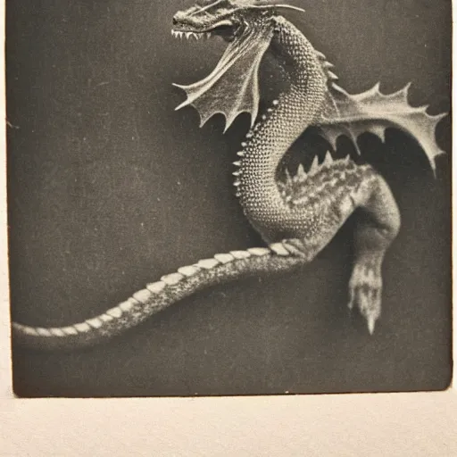 Image similar to victorian photograph of a baby dragon, highly realistic, scaly, grainy photo, blurry, creature, faded, 1 9 0 0, 1 8 8 0 s