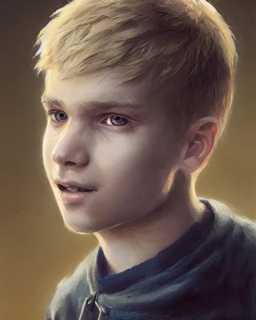 Prompt: portrait of 1 5 - year - old boy with blonde hair, round - face, and slightly buck - toothed, hyper realistic face, beautiful eyes, fantasy art, in the style of greg rutkowski, intricate, hyper detailed, smooth