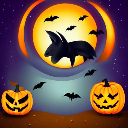 Image similar to cartoon tattoo of a halloween pumpkin with glowing eyes on shoulder with light shading in the background, night time scene in graveyard with full moon and bats flying, mist