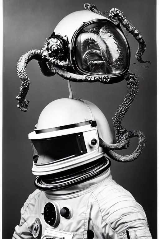 Image similar to extremely detailed studio portrait of space astronaut, alien tentacle protruding from eyes and mouth, slimy tentacle breaking through helmet visor, shattered visor, full body, soft light, plain studio background, disturbing, shocking realization, award winning photo by richard avedon